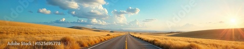 A vast, open sky meets a rolling landscape, symbolizing boundless freedom and limitless potential Perfect for concepts of adventure, escape, and the open road , road, light