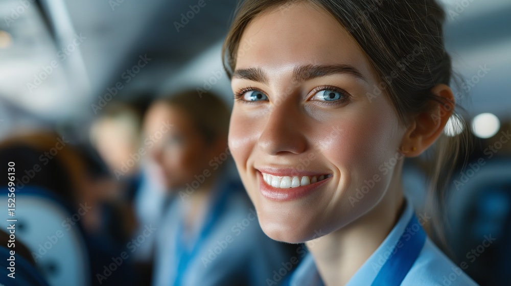 Fototapeta premium A female flight attendant, stewardess working at the airport. Guiding passengers to their seats and providing the best service. Personnel for a safe flight. Created by AI.