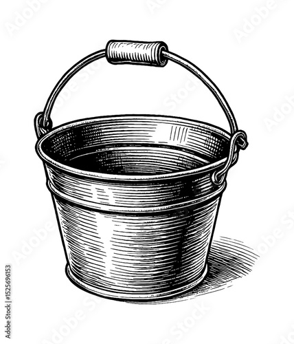 Metal Bucket with Handle in Detailed Black and White Engraving Style