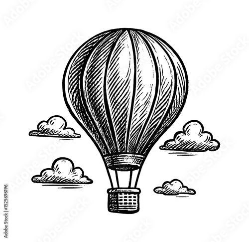 Hand drawn air balloon flying in the sky with clouds in engraved sketch style illustration art