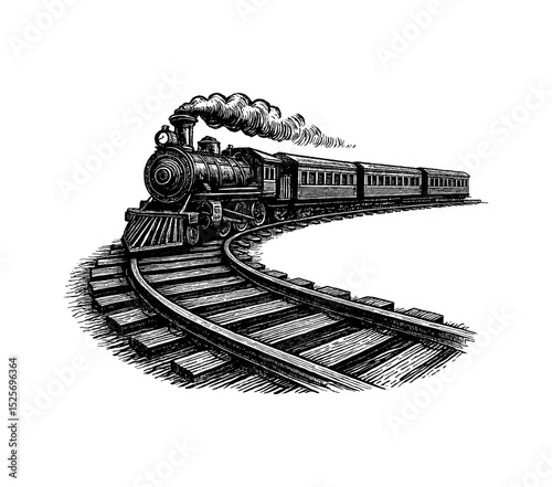 Detailed Black and White Engraving of a Vintage Steam Train on a Curved Track