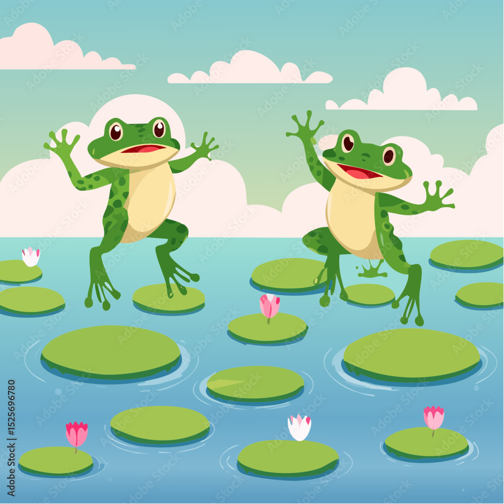 Obraz premium Frogs jumping on lily pads in sync