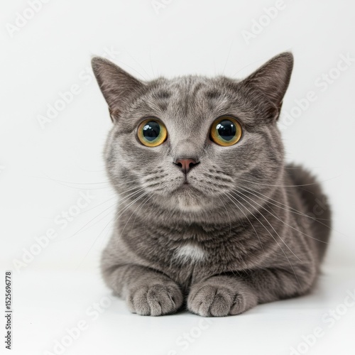 Adorable Gray British Shorthair Cat with Wide Eyes Posing on White Background, Pet Photography