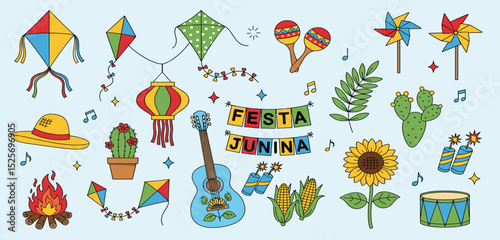 Festa Junina celebration elements. Brazil June Festival Design. Folklore Holiday. Guitar, Accordion, Cactus, Sunflower, Campfire, Garland, Dram, Fireworks. Festa de Sao Joao Vector illustration