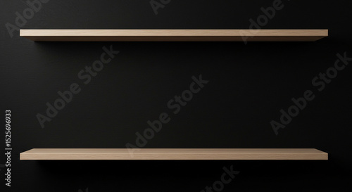 Two wooden shelves on a dark black wall, minimalist modern product display design