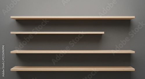 Four Empty Wooden Shelves Against a Dark Grey Wall Ready for Objects or Displays