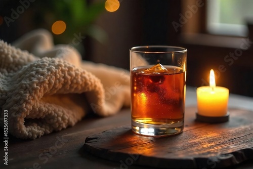 A glass of amber liquid sits on a rustic wooden table, next to a lit candle and a plush blanket Soft, warm light creates a tranquil atmosphere perfect for unwinding , bourbon, home