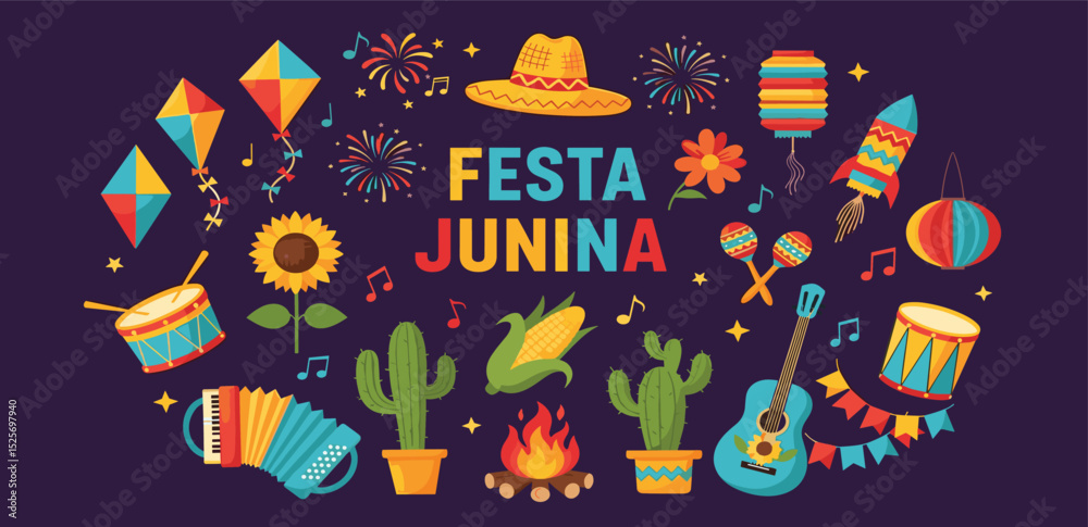Fototapeta premium Festa Junina celebration. Brazil June Festival Design. Folklore Holiday. Guitar, Accordion, Cactus, Sunflower, Campfire on dark background. Banner, Card, Poster. Festa de Sao Joao Vector illustration