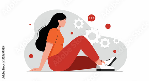 Woman laptop gears communication working technology female computer process system development concept design 100