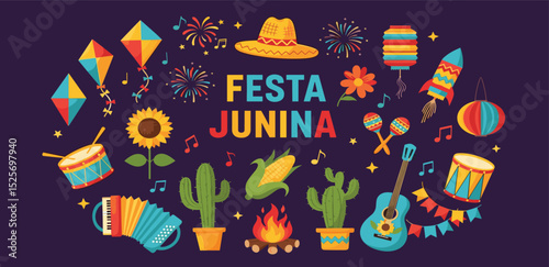 Festa Junina celebration. Brazil June Festival Design. Folklore Holiday. Guitar, Accordion, Cactus, Sunflower, Campfire on dark background. Banner, Card, Poster. Festa de Sao Joao Vector illustration