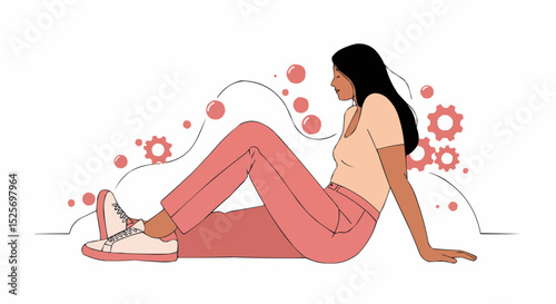 Illustration of a woman sitting with gears bubbles design concept relaxation and casual pose for a modern look