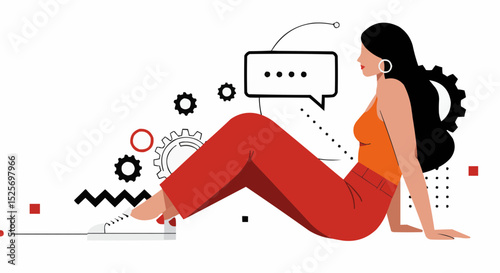 Woman sitting with gears and chat bubble illustration for business communication and technology concept design