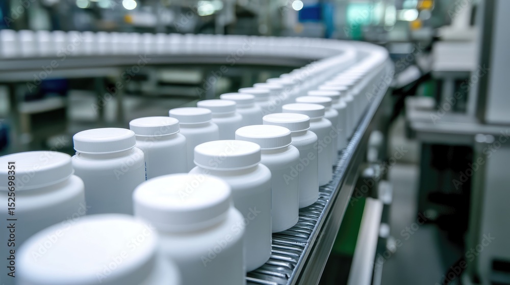 Obraz premium Conveyor belt transporting white pill bottles through an automatic labeling station