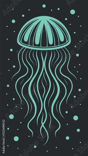 Teal and ivory abstract silhouette of a glowing jellyfish design with particle effects