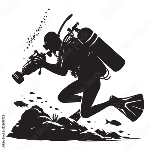 Scuba diver exploring silhouette vector illustration