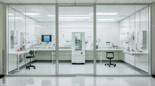 Glass-walled pharmaceutical cleanroom showing research stations and air filtration systems