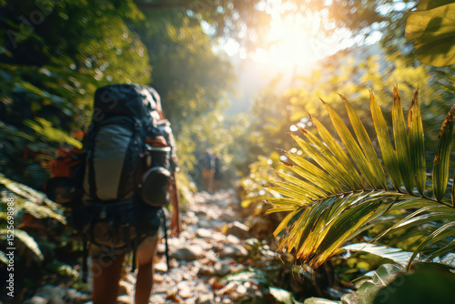 hiker with large backpack ahead, adventure vibe