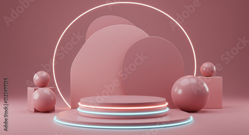 3D Render of Minimalistic Pink Stage with Neon Light and Geometric Shapes