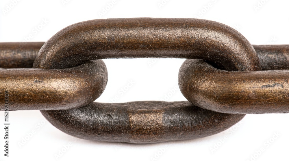 Fototapeta premium This detailed macro image showcases the textured surface of a robust, old, heavy, weathered bronze metal chain link against a white backdrop.