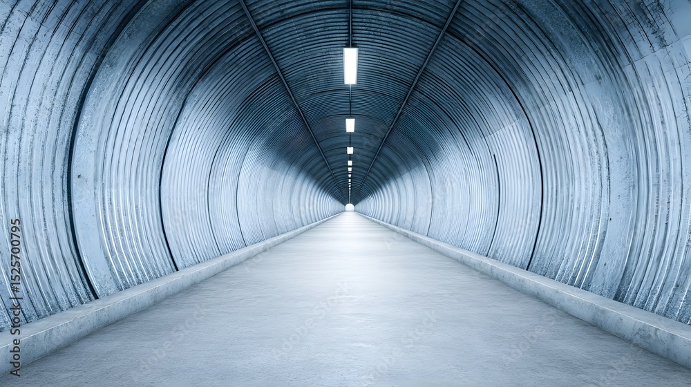 Obraz premium Long concrete tunnel with lights receding into the distance perspective view.