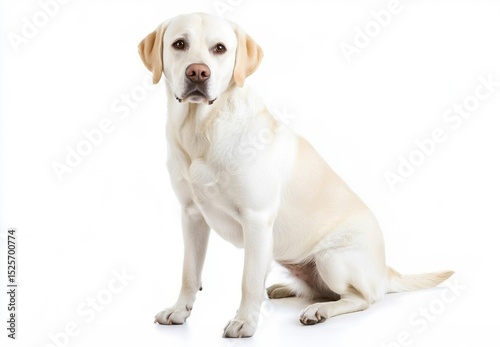 A calm and attentive yellow Labrador Retriever sits obediently, looking directly at the camera with a gentle expression, against a clean white background.

