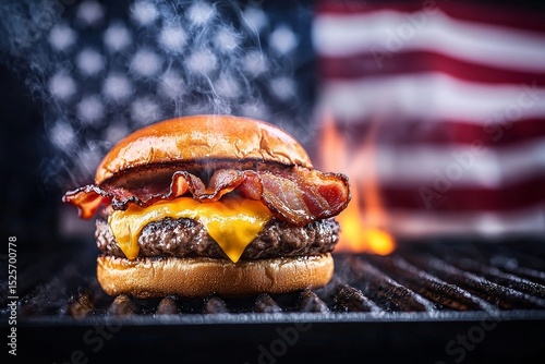A delicious bacon cheeseburger cooks on a hot barbecue grill with smoke rising against a backdrop suggesting a national celebration.