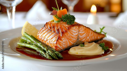 A delicious grilled salmon fillet is beautifully served on a white plate with tender green asparagus and a rich creamy sauce.