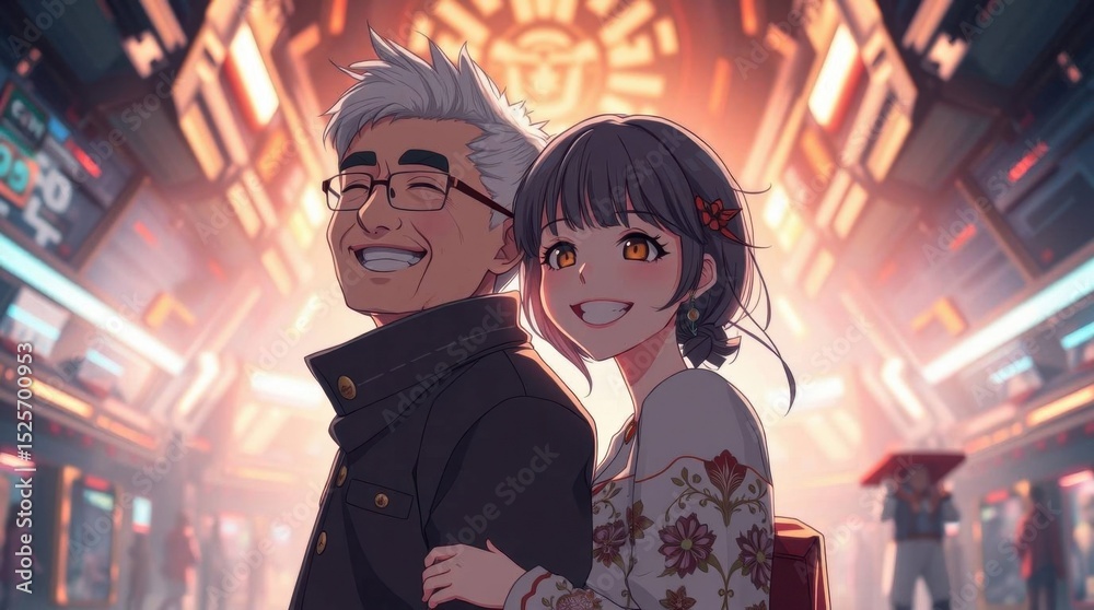 Obraz premium A vibrant anime-style illustration depicts a smiling older man with silver hair and a young woman with purple hair, embracing happily in a futuristic, neon-lit environment.