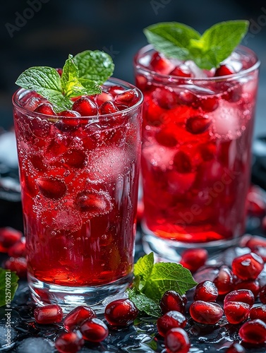 Two vibrant red beverages filled with ripe pomegranate seeds and ice cubes garnished with fresh green mint leaves are presented on a dark surface.