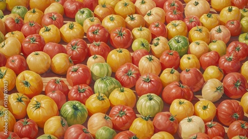 A vibrant assortment of colorful heirloom tomatoes like red, yellow, and green are arranged closely together creating a beautiful, natural backdrop.