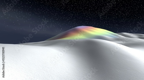 A vibrant display of colorful light illuminates a snowy peak under a bright, star-filled night sky creating an abstract, surreal scene.