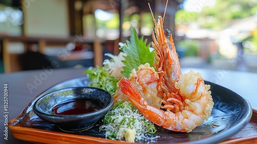 A close up view of delicious golden crispy fried large tempura shrimp presented on a black plate with dipping sauce and fresh green garnishes