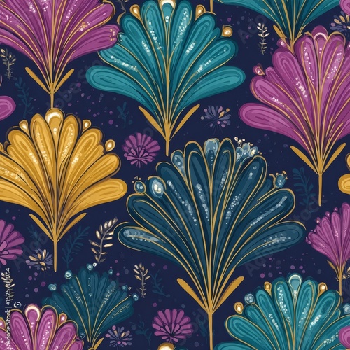 Decorative seamless pattern features elegant stylized flowers in purple, yellow, and blue hues against a dark blue background.