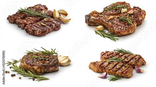 Four grilled steak variations, rosemary, garlic, peppercorns, isolated on white.  Each showcases different cuts and char levels