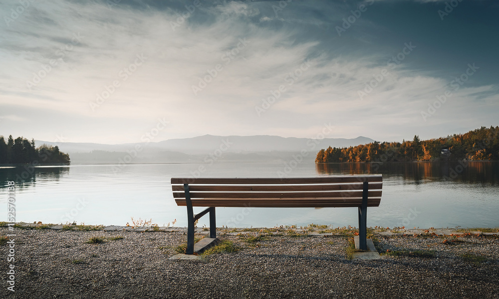 empty bench by the lake, peaceful atmosphere, space for text, ambient toning empty bench by the lake, peaceful atmosphere, space for text, ambient toning