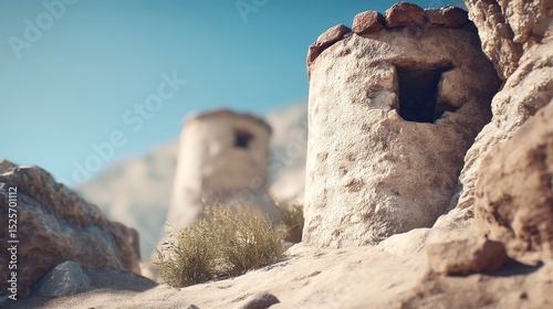 Ancient stone towers stand resiliently in a harsh, arid landscape beneath a bright blue sky, remnants of a forgotten past.