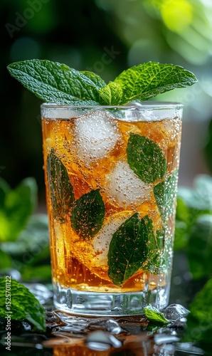 A refreshing tall glass brimming with ice cubes, vibrant green mint leaves, and a delicious bubbly brown drink, perfect for warm weather relief.