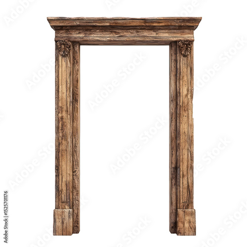 Ornate wooden doorway frame, rustic look against black