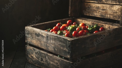 A rustic old wooden crate overflowing with a delicious bounty of fresh organic red and green ripe and unripe tomatoes from the farm garden.
