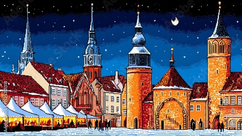 Pixel illustration portraying a lively european city square scene on a cold winter night with tents and historic architecture
