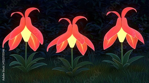 Three vibrantly glowing fantasy flowers with striking red petals and warm yellow centers stand tall in a dark, stylized forest landscape.