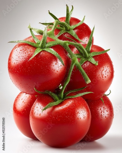 A close-up studio shot captures a vibrant bunch of fresh red tomatoes on a vine covered in sparkling water droplets, highlighting healthy food.