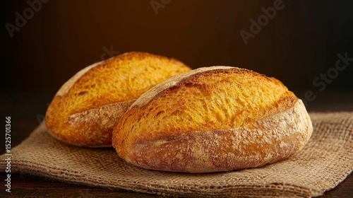 Two golden brown loaves of freshly baked artisanal bread with a rustic crust are carefully placed on a piece of rough natural burlap.