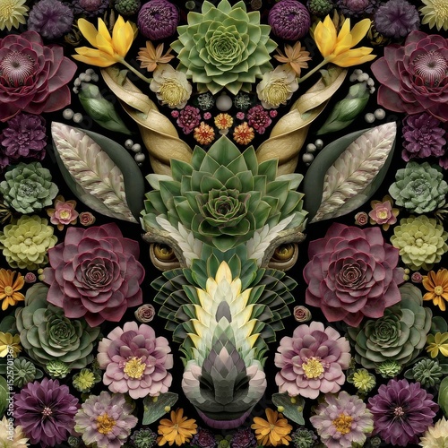 An artistic image presents an animal head composed of intricate patterns of succulents, flowers, and various botanical elements on black.