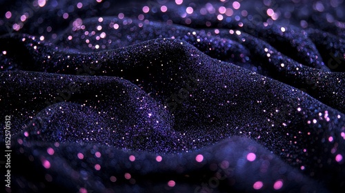 Close-up view of dark blue fabric covered in sparkling glitter and shimmering bokeh lights creating a luxurious abstract background effect.