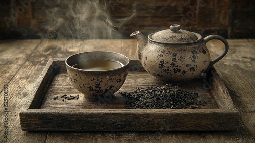 A beautiful traditional ceramic teapot and steaming hot tea cup rest on a rustic wooden tray next to a small pile of dry tea leaves.