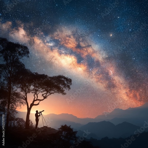 Silhouette of a person uses a telescope to observe the breathtaking milky way galaxy over a vast mountain range at night.