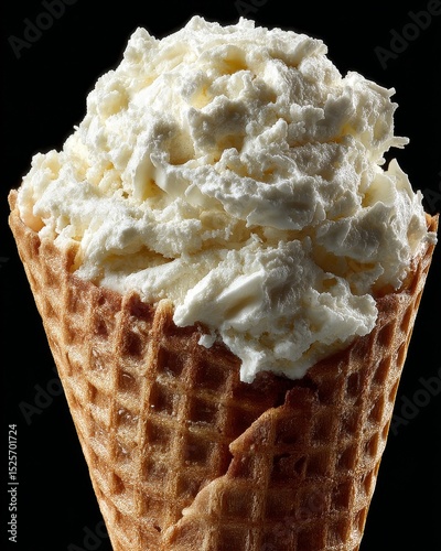 A single generous scoop of creamy white vanilla ice cream sits temptingly atop a crisp brown waffle cone positioned against a dramatic black studio background.