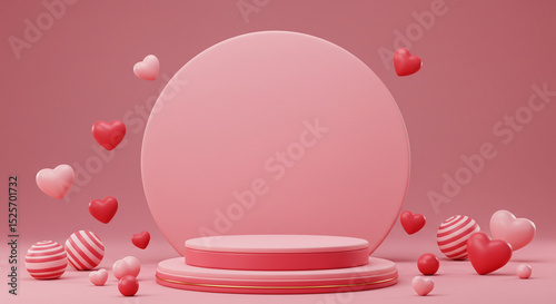 Valentine's Day 3D Render with Hearts and Podium for Product Display on Pink Background