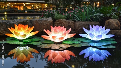 Three brightly colored artificial lotus flowers glow on the calm waters surface, reflecting their vibrant light in a serene indoor pond garden.